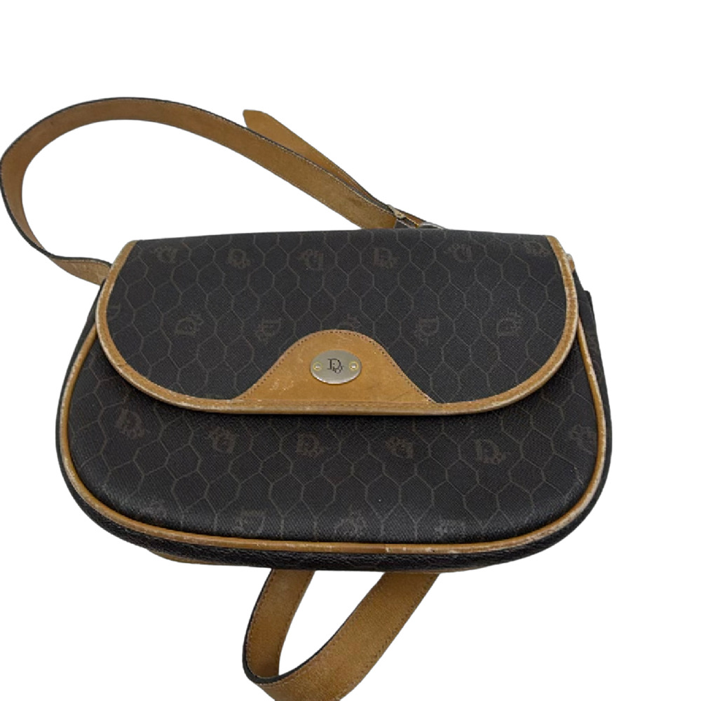 Christian Dior Honeycomb Flap Brown Coated Canvas Shoulder B